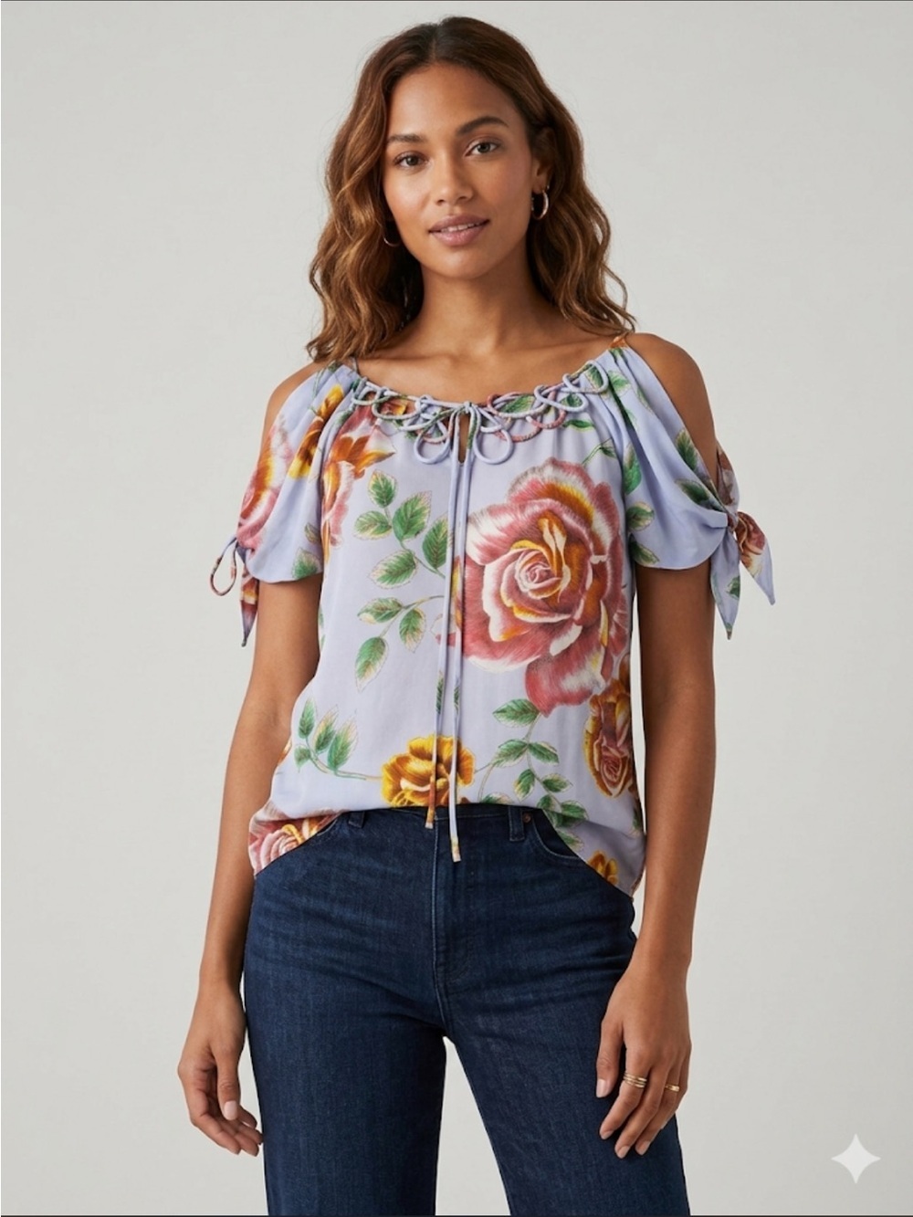 LEIFSDOTTIR 100% Silk Floral Cold-Shoulder Blouse Size 6